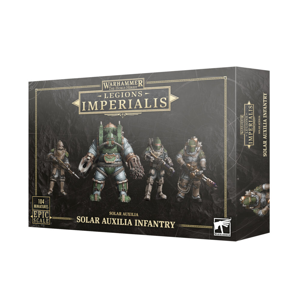 Legions Imperialis Solar Auxilia Infantry box showing soldiers and an armoured Ogryn.