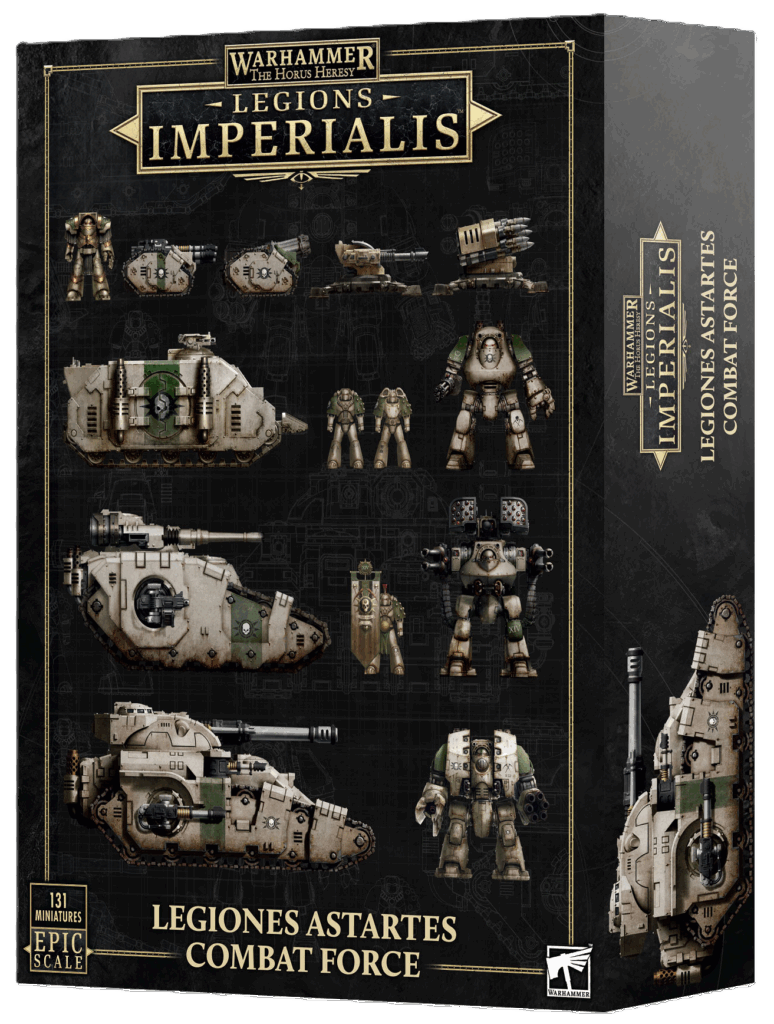 Legions Imperialis Legiones Astartes Combat Force box showing infantry, Dreadnoughts and tanks.