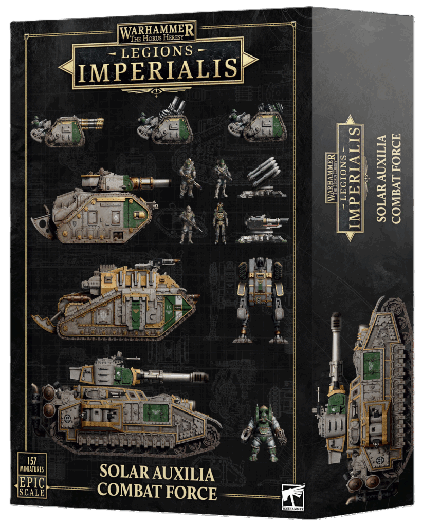 Legions Imperialis Solar Auxilia Combat Force box showing infantry, walkers, artillery and tanks.