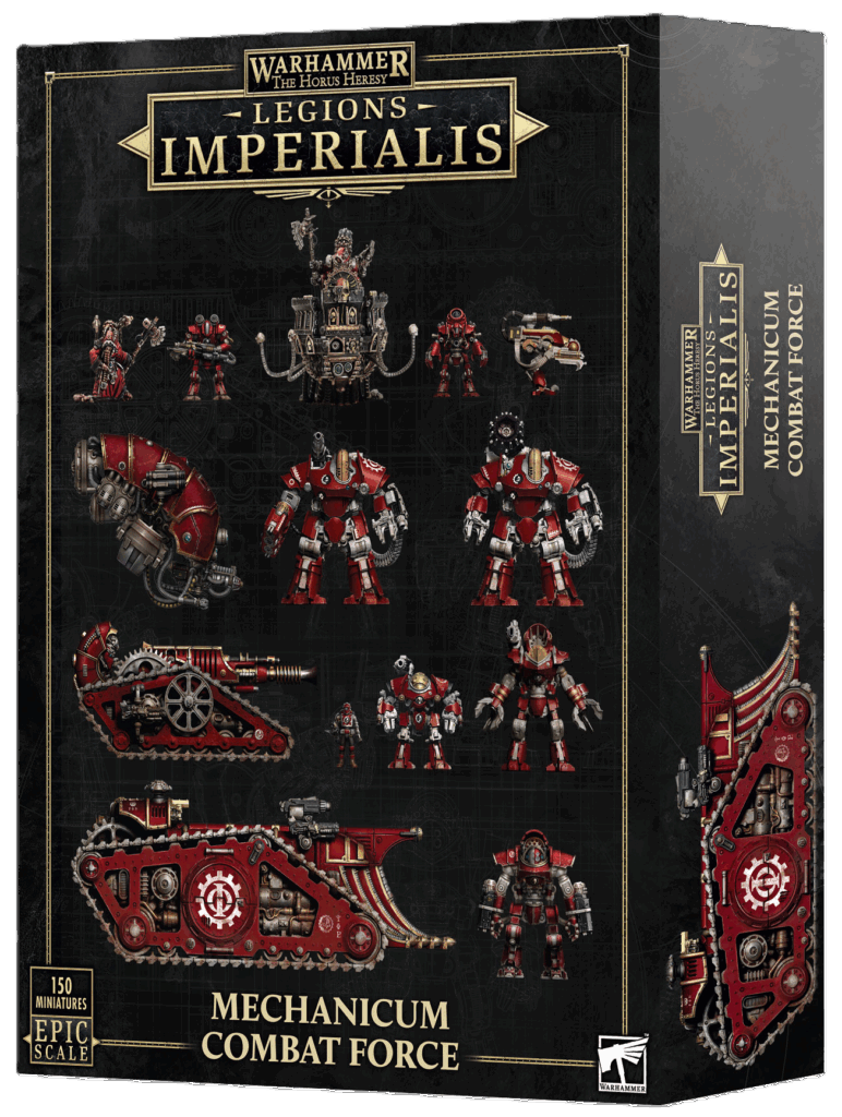 Legions Imperialis Mechanicum Combat Force box showing red infantry, battle-automata and vehicles.