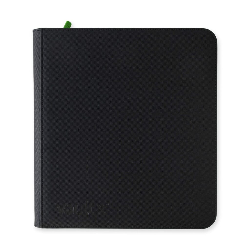 Closed Vault X 12-pocket Exo-Tec Zip Binder in Signature Black with a green zip pull on a white background