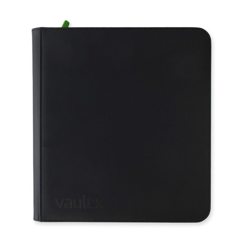 Closed Vault X 12-pocket Exo-Tec Zip Binder in Signature Black with a green zip pull on a white background