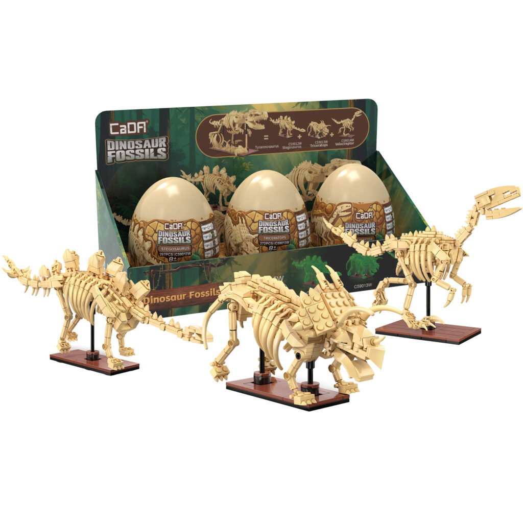 CaDA Tray of 3 Dinosaur Eggs with Stegosaurus Triceratops & Velociraptor