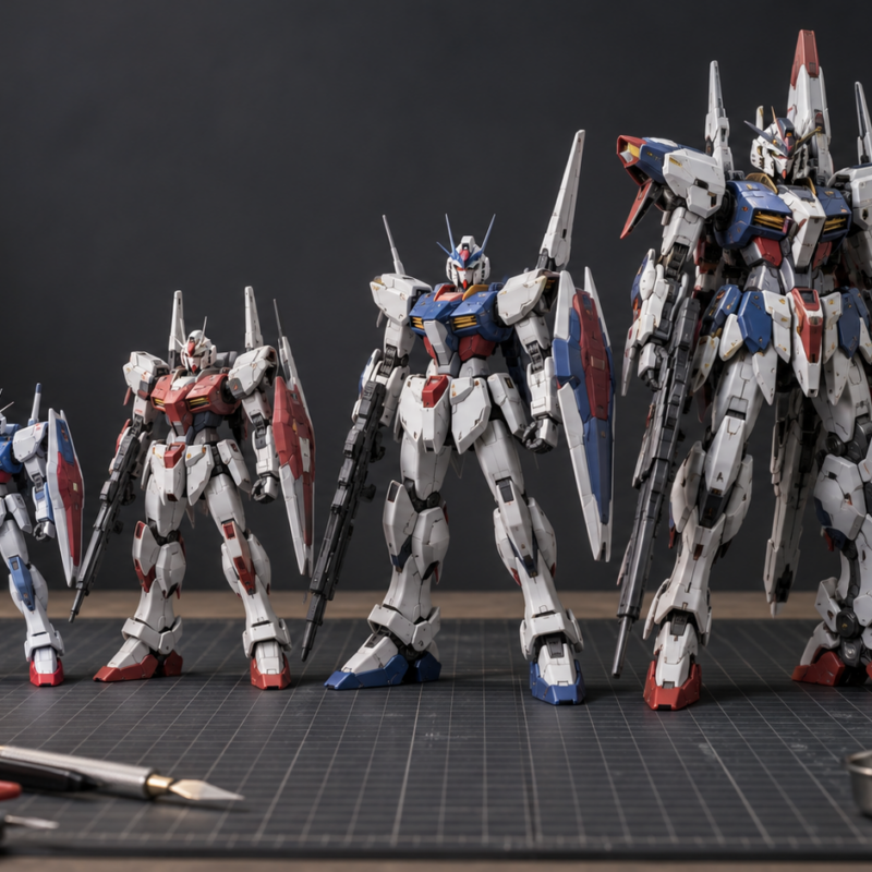 Gunpla model kits in different grades and scales arranged on a hobby workbench