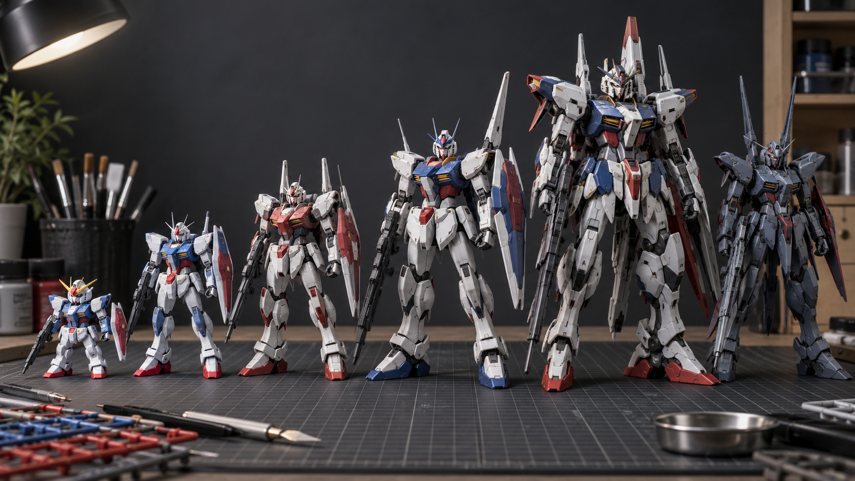 Gunpla model kits in different grades and scales arranged on a hobby workbench