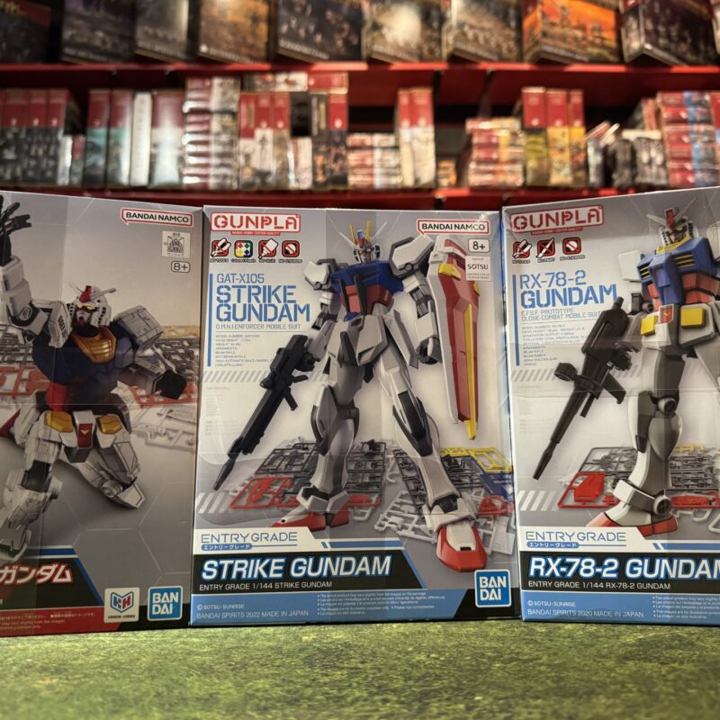 Three Entry Grade Gunpla kits for beginners: RX-78F00/E, Strike Gundam and RX-78-2 Gundam