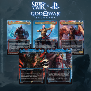Secret Lair x God of War Norse cards featuring Kratos, Atreus, Freya and reversible Mimir
