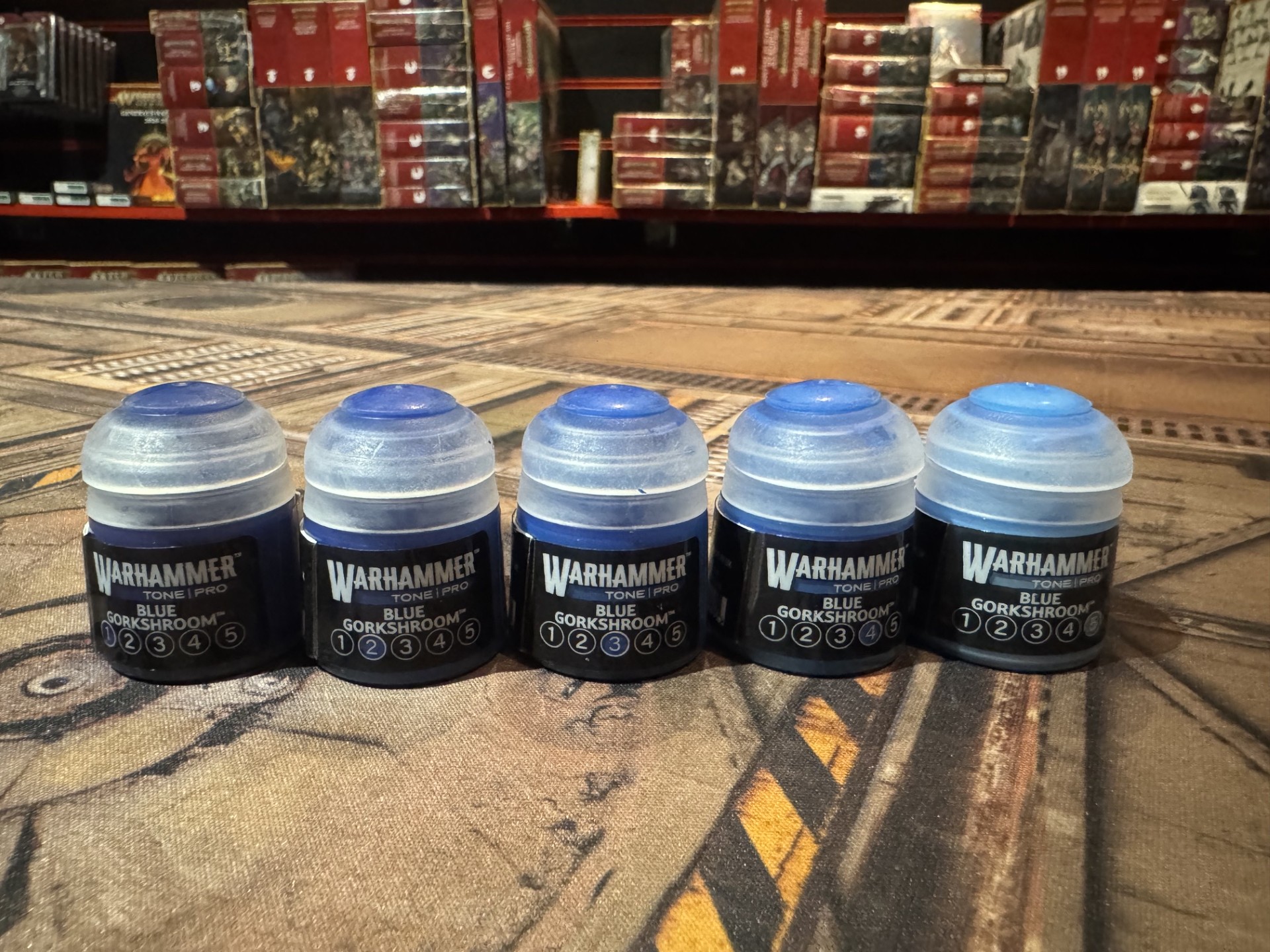 Warhammer Tone Pro Blue Gorkshroom paint pots numbered 1 to 5