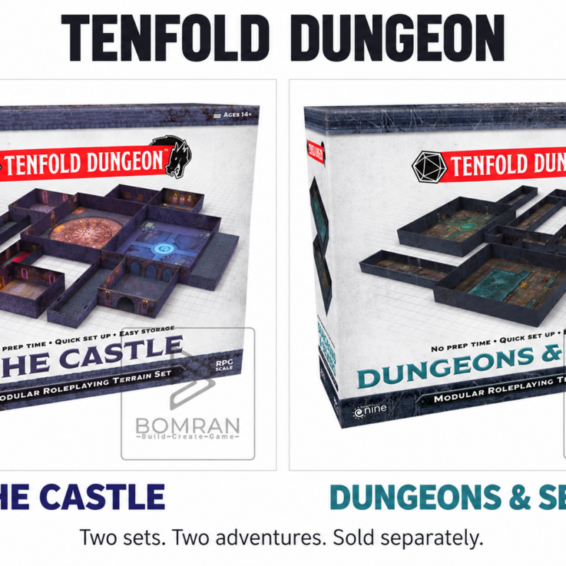 Tenfold Dungeon The Castle and Dungeons & Sewers terrain set boxes side by side.