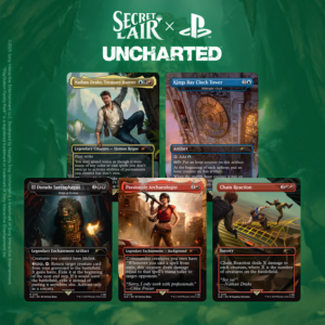 Secret Lair x Uncharted five-card collection featuring Nathan Drake