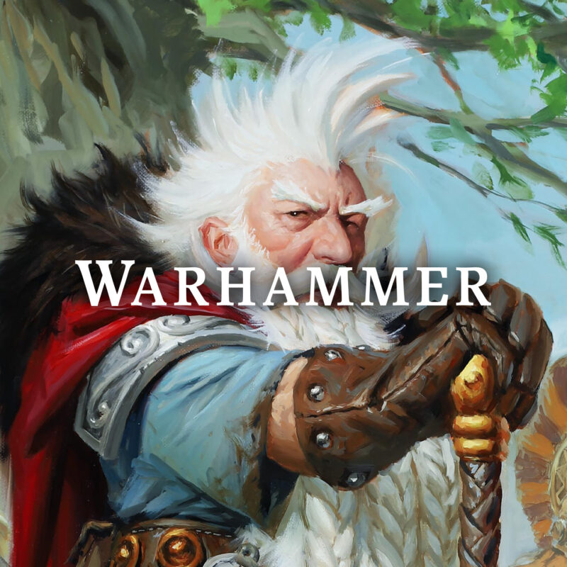 White-bearded dwarf artwork with the Warhammer logo.