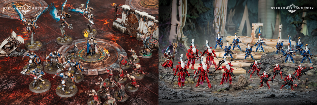Spearhead vs Combat Patrol: Stormcast Eternals and Skaven on the left, an Aeldari force on the right