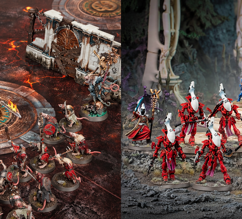 Spearhead vs Combat Patrol: Stormcast Eternals and Skaven on the left, an Aeldari force on the right